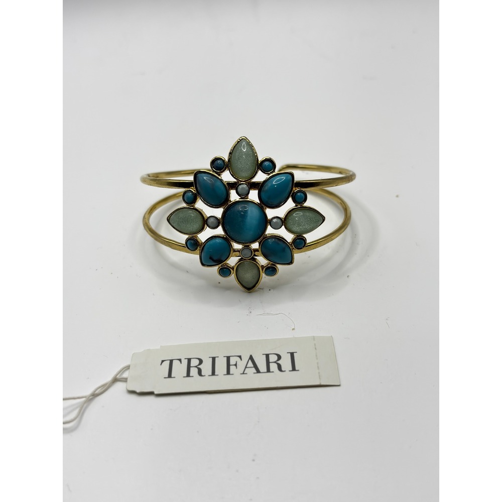 Trifari Cuff Bracelet Womens OS Gold Blue Teal Green Floral Medallion Vintage
